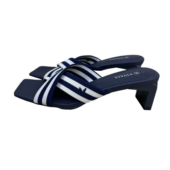 VIVAIA Womens Sz 39 Jennifer Square-Toe Block Heel Criss-Cross Navy White Sandal - Picture 3 of 14